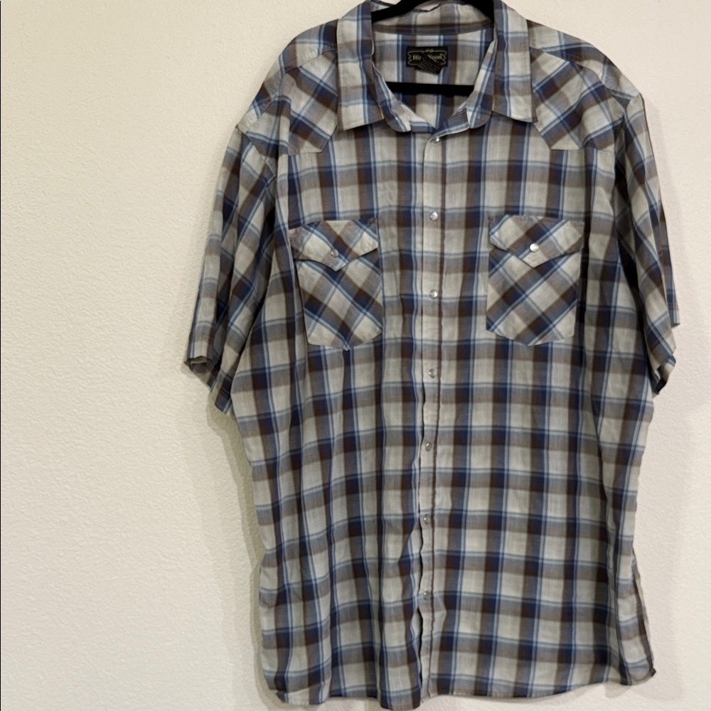 High Noon Men's Blue and Gray Plaid Pearl Snap Button-Down Shirt size 3XL TL EUC